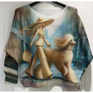 L20 Loowie Blue Dog Round Knit Printed Sweater One Size